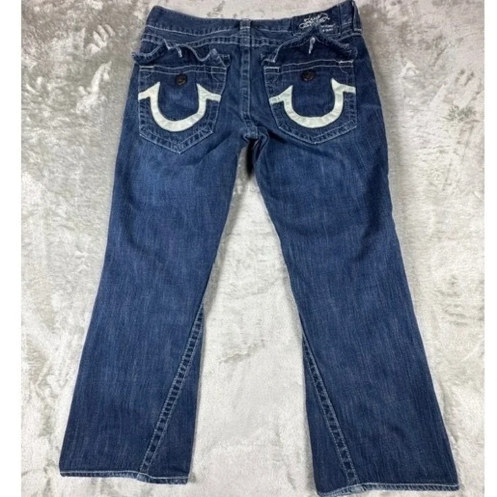 True Religion Jeans M 34 Joey Flare Dark Wash Horseshoe Flap Pocket Twisted Seam